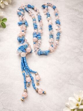 Boho Blue Glass & Rose Quartz Tassel Necklace 38” Long Statement